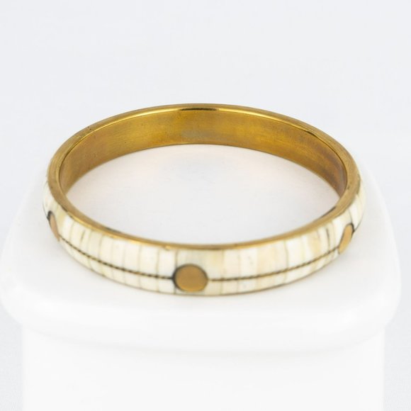 COPY - Brass Inlaid Bone Bangle Bracelet Panel Rectangle Off-White Circles Conv… - Picture 8 of 8
